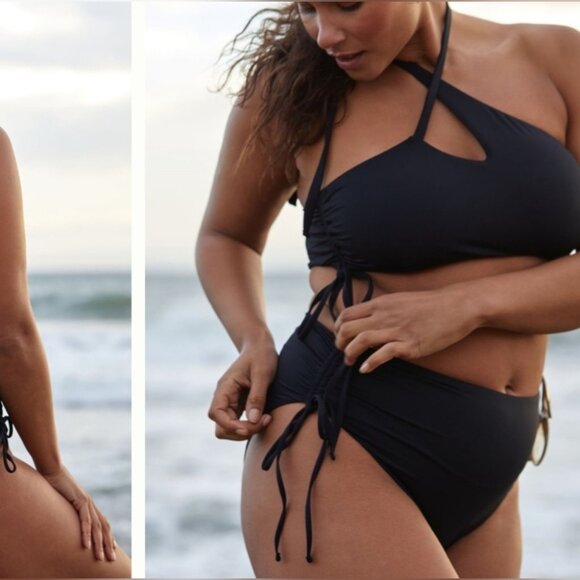 NWOT Anthropologie Women's Bikini Bottoms Side-Ruched High Waisted Black Plus 1X - Picture 1 of 4